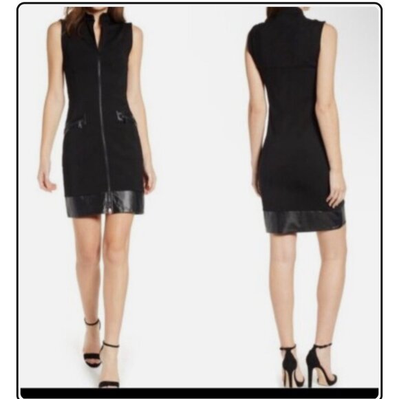 As U Wish Dresses & Skirts - As U Wish Black Faux Leather Trimmed Bodycon Zip Front Ponte Dress, Size 4